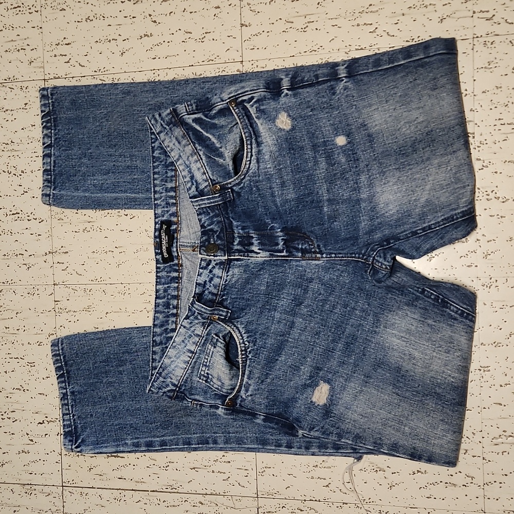 Crooks & Castles Blue Fade Embroidered Spellout Straight Leg Distressed Jeans